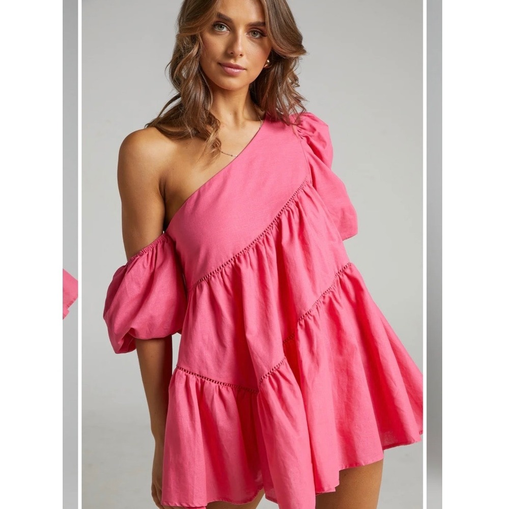 NEW‎ Showpo Harleen Asymmetrical Trim Mini Dress Pink Ruffle Puff Sleeve US 6 - Picture 2 of 7